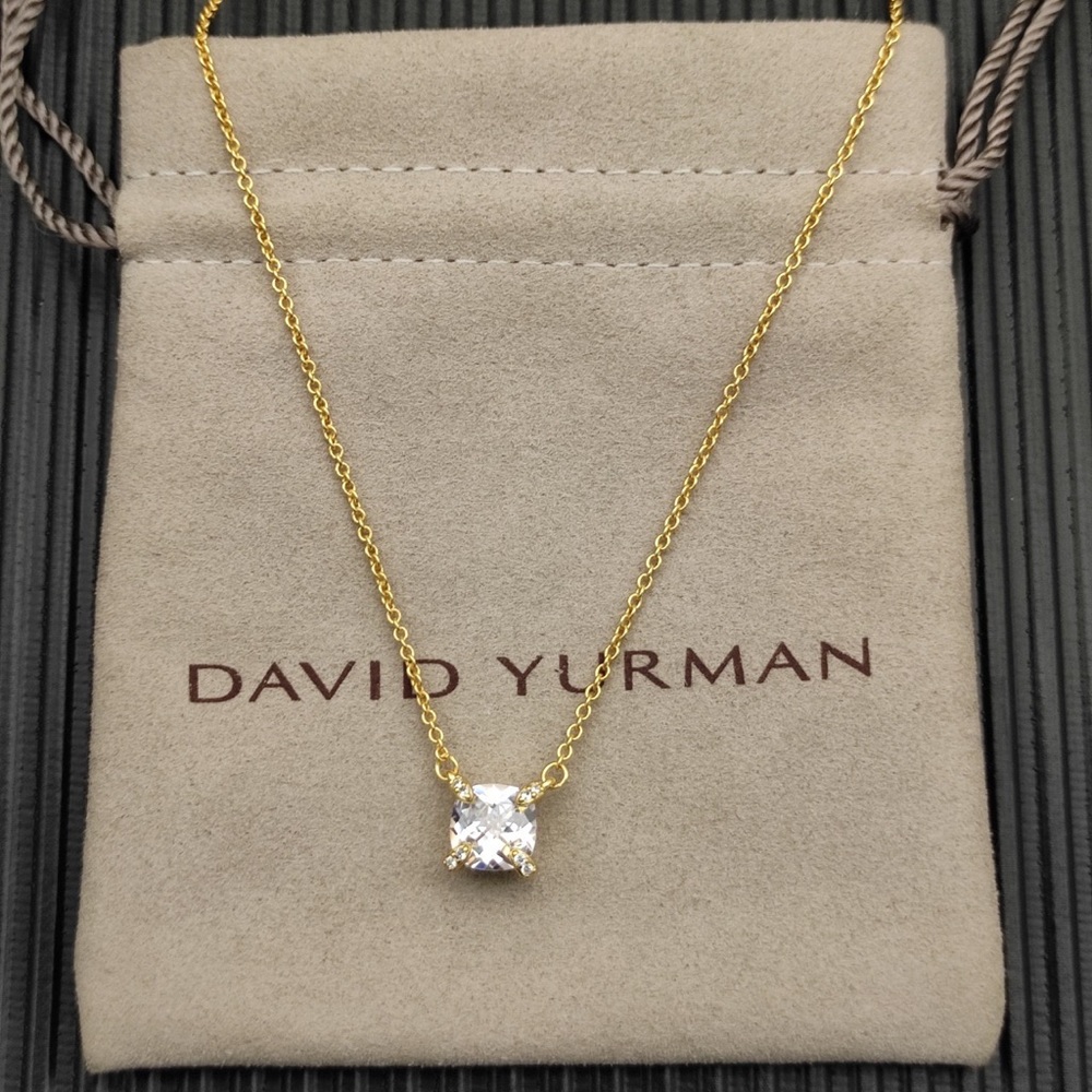 David Yurman Gold Solitaire Necklace with White Stone